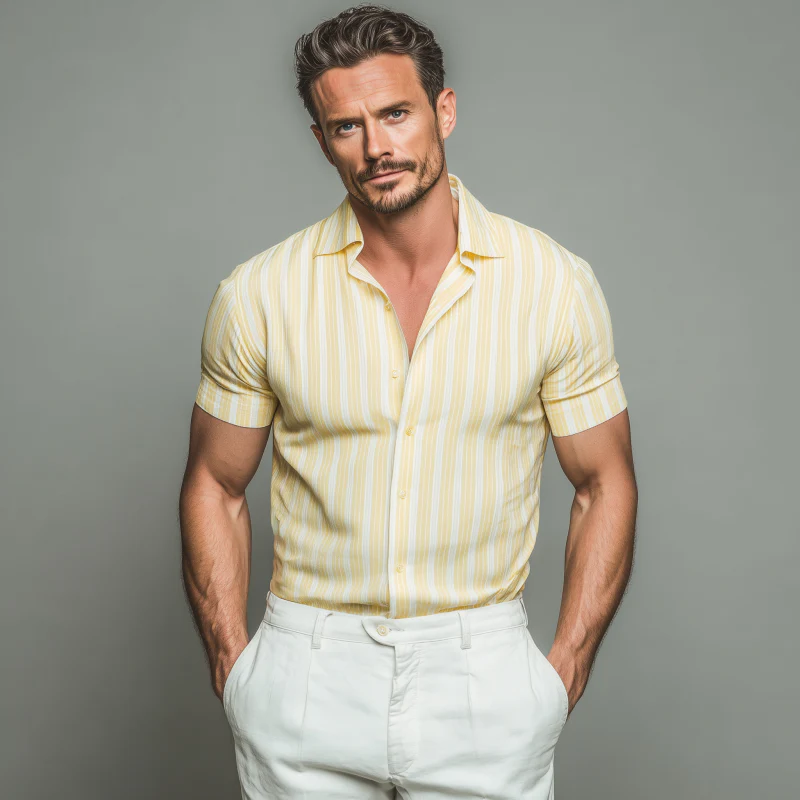 Milo | Men'S Casual Breathable Striped Cotton Lapel Slim Fit Short Sleeve Shirt - Image 3