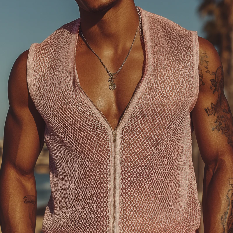 Milo | Men'S Spring And Summer Fashion Casual Mesh Slim Zipper Deep V Neck Sleeveless Shirt - Image 3