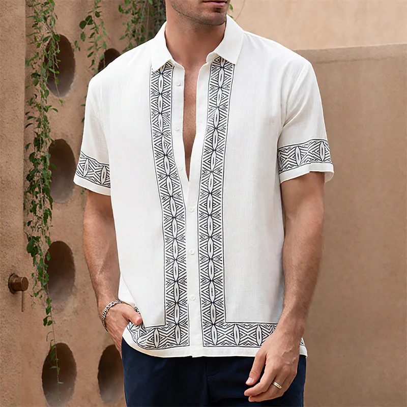 Milton | Men'S Summer Casual Cotton And Linen Printed Lapel Short-Sleeved Shirt - Image 2