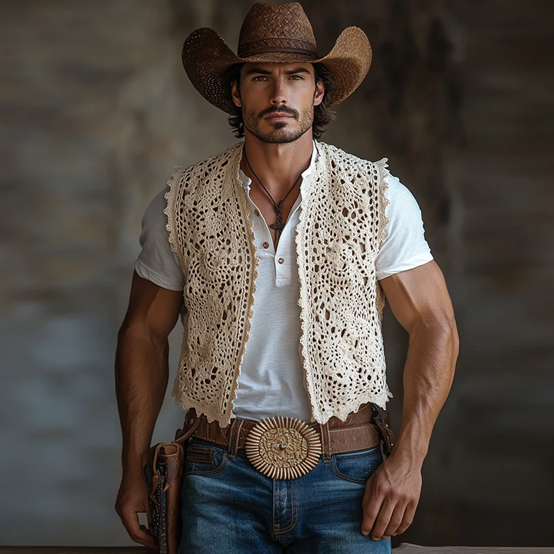 Milton | Men'S Western Style Solid Color Crochet Buttonless Vest - Image 3