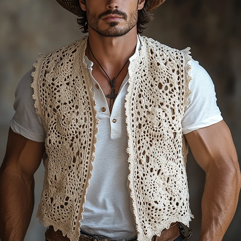 Milton | Men'S Western Style Solid Color Crochet Buttonless Vest - Image 4