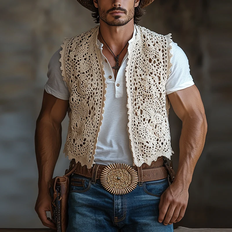 Milton | Men'S Western Style Solid Color Crochet Buttonless Vest - Image 5