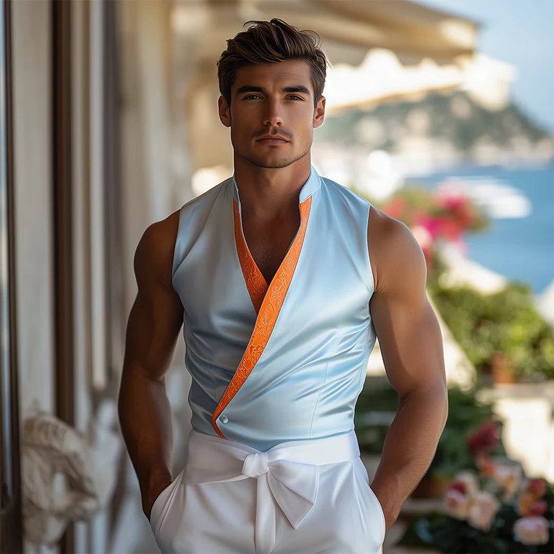 Mitch | Men'S Summer Fashion Casual Stand-Up Collar Satin Stitching Cotton Blended Placket Embroidery Slim Fit Vest - Image 3