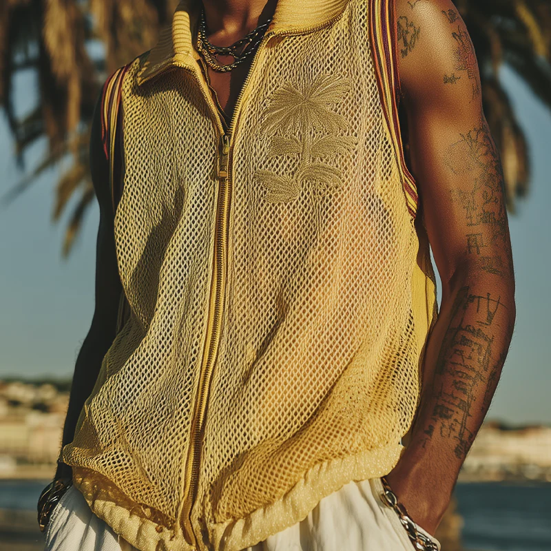 Mitchell | Men'S Spring And Summer Fashion Casual Mesh Zipper Lapel Embroidered Sleeveless Shirt - Image 3