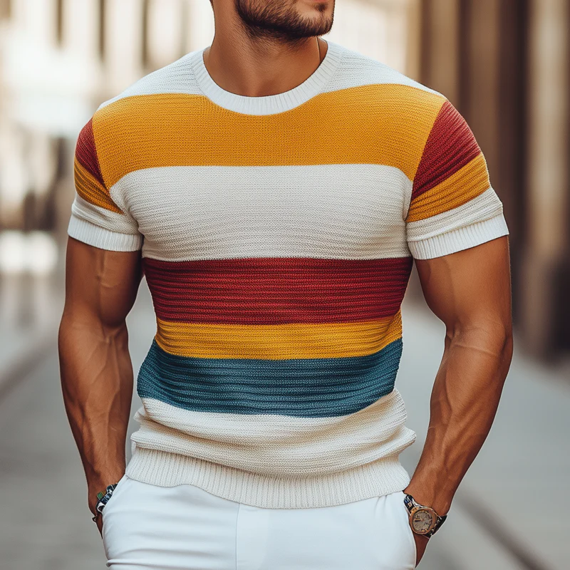Monty | Men'S Casual Colorful Striped Knitted Round Neck Slim Fit Short Sleeve Sweater T-Shirt - Image 2