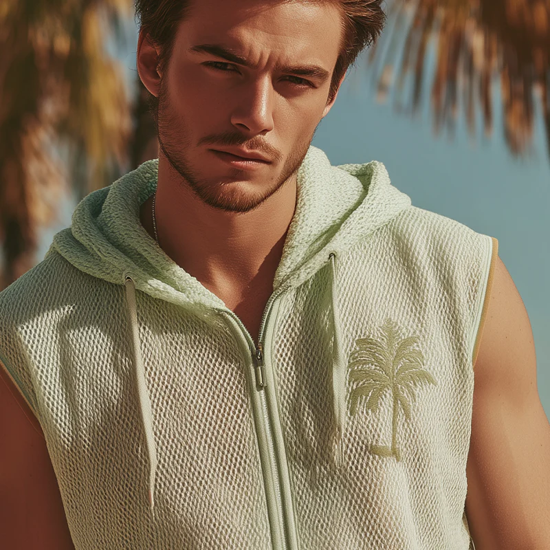 Monty | Men'S Spring And Summer Fashion Casual Mesh Embroidery Hooded Zipper Sleeveless Shirt - Image 5