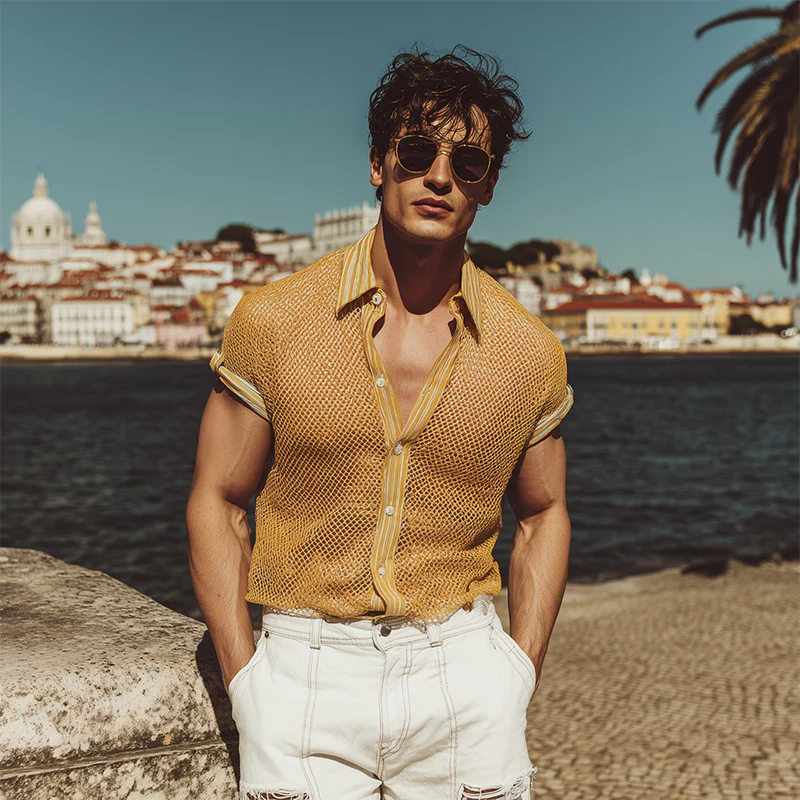 Morton | Men'S Spring And Summer Fashion Casual Mesh Fabric Micro-Transparent Stitching Cotton Blended Striped Slim Short-Sleeved Shirt - Image 3