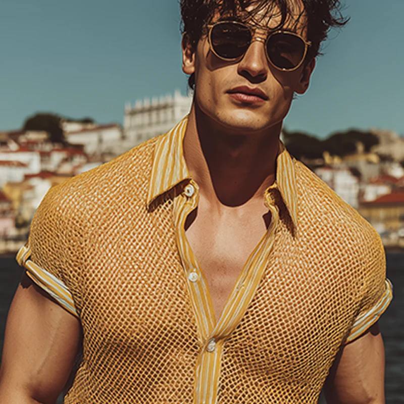 Morton | Men'S Spring And Summer Fashion Casual Mesh Fabric Micro-Transparent Stitching Cotton Blended Striped Slim Short-Sleeved Shirt - Image 5