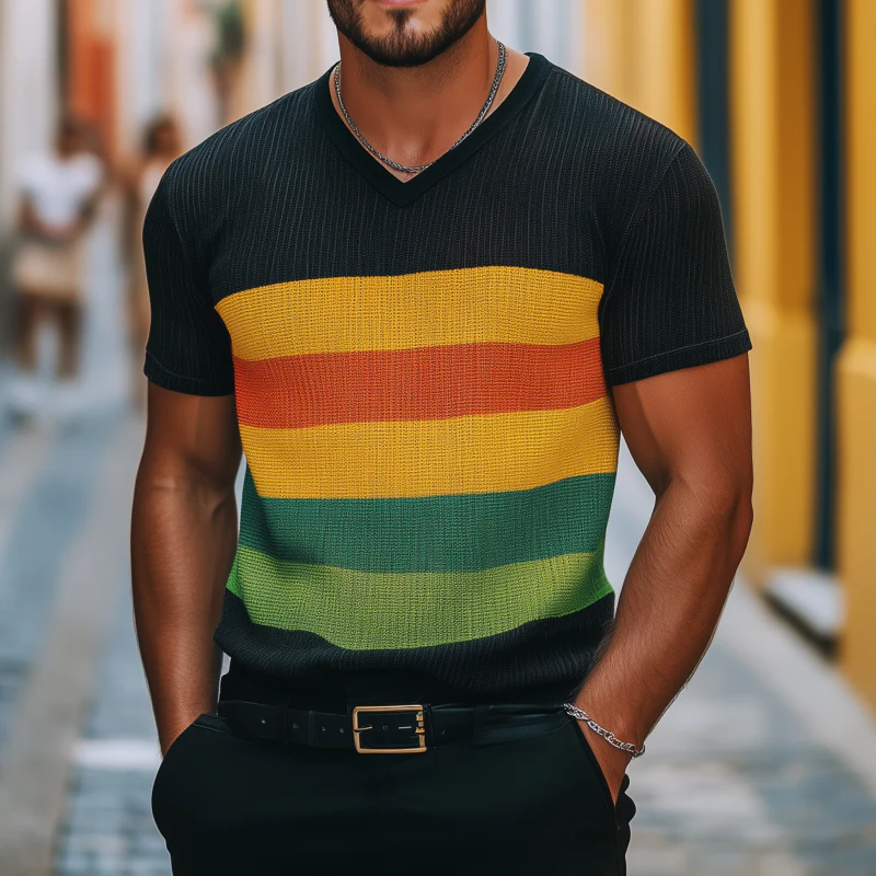 Myles | Men'S Casual Colorful Striped Breathable V-Neck Loose Knitted Short-Sleeved T-Shirt Sweater - Image 2