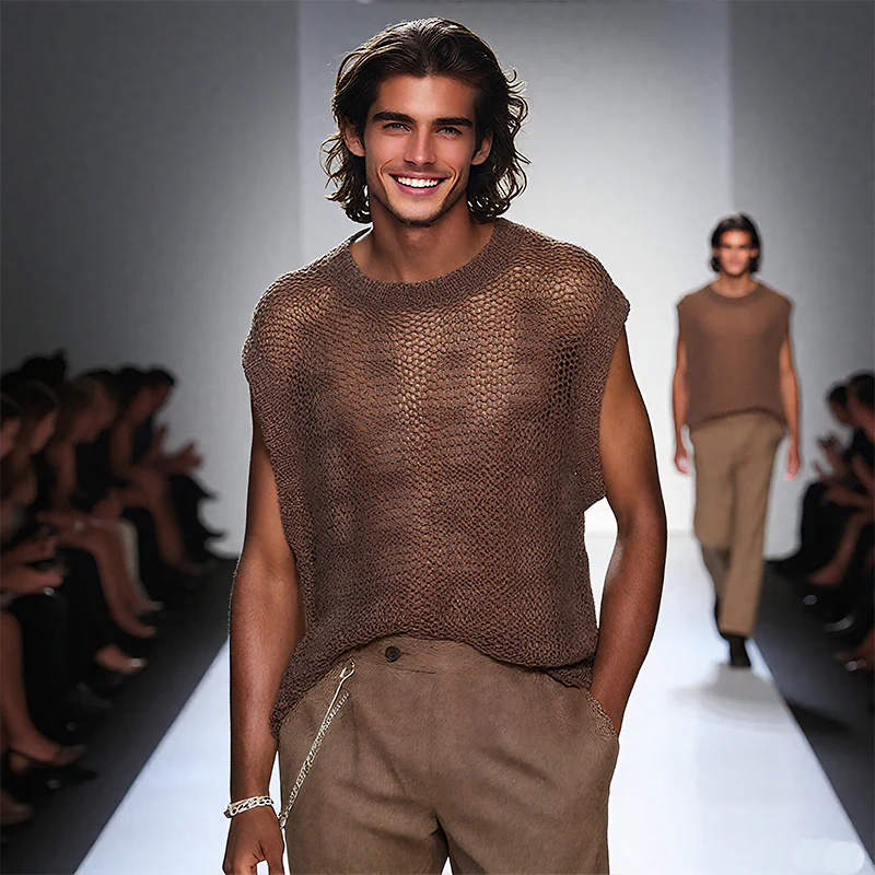 Myles | Men'S Spring And Summer Fashion Casual Slightly Transparent Sexy Round Neck Knitted Tank Top - Image 3