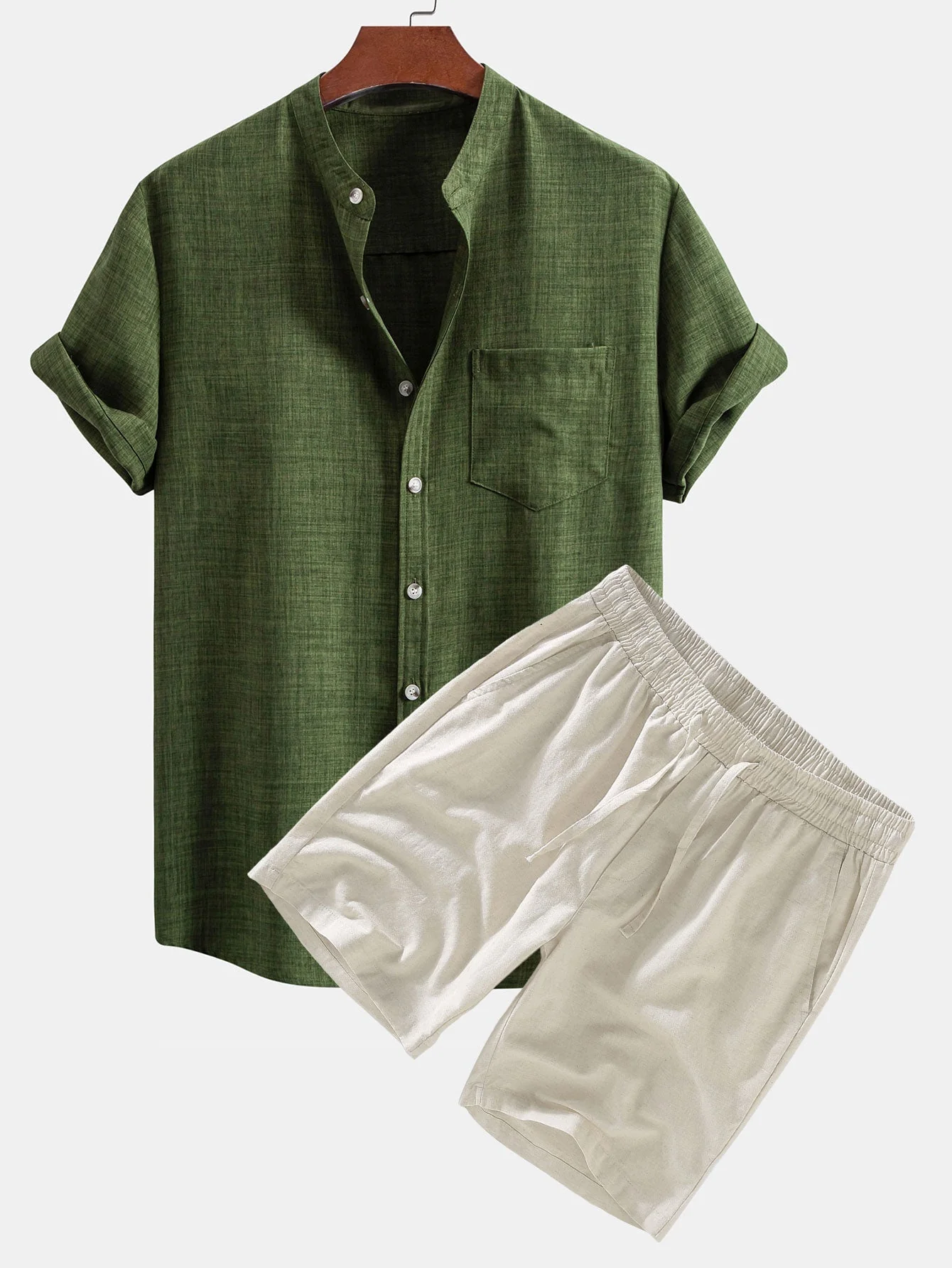 Narciso® | Short Sleeve Stand Collar Shirt & Linen Drawstring Shorts - Image 2