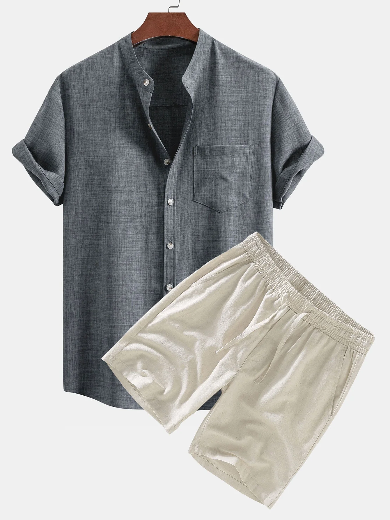 Narciso® | Short Sleeve Stand Collar Shirt & Linen Drawstring Shorts - Image 3