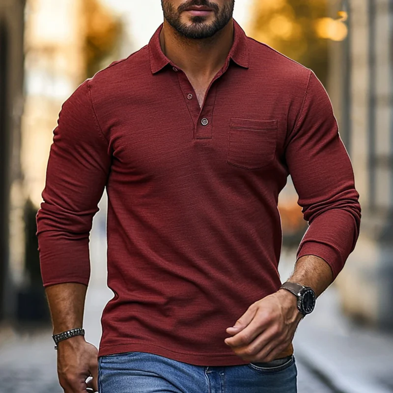 Nate | Men'S Casual Breathable Skin-Friendly Solid Color Cotton Lapel Slim Fit Long Sleeve T-Shirt - Image 2