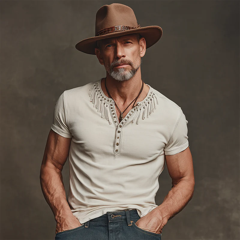 Nate | Men'S Spring And Summer New American Retro Western Denim Cotton Blend Tassel And Metal Rivet Henry Collar Slim Short Sleeve T-Shirt - Image 3