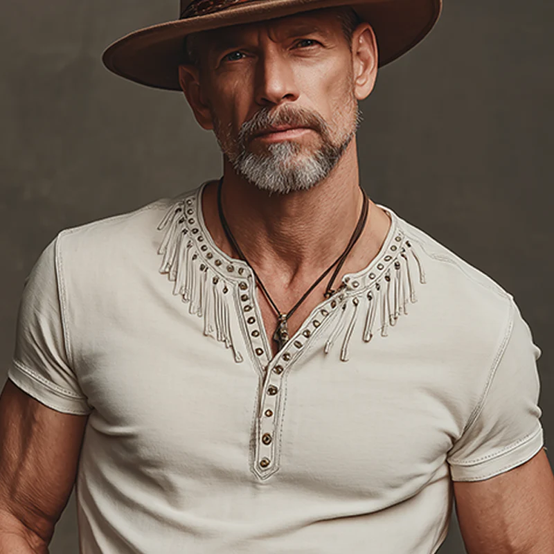 Nate | Men'S Spring And Summer New American Retro Western Denim Cotton Blend Tassel And Metal Rivet Henry Collar Slim Short Sleeve T-Shirt - Image 4