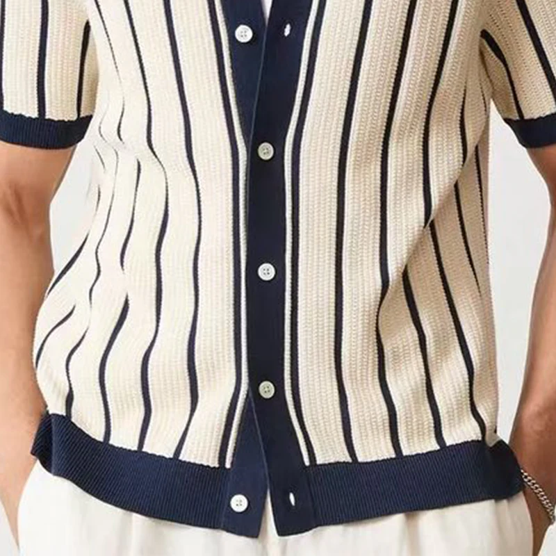 Nathan | Men'S Summer Fashion Casual Vertical Striped Knitted Short-Sleeved Shirt - Image 4