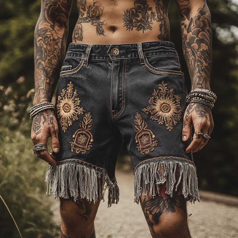 Nathan | Men'S Vintage Embroidered Tassel Denim Shorts - Image 2