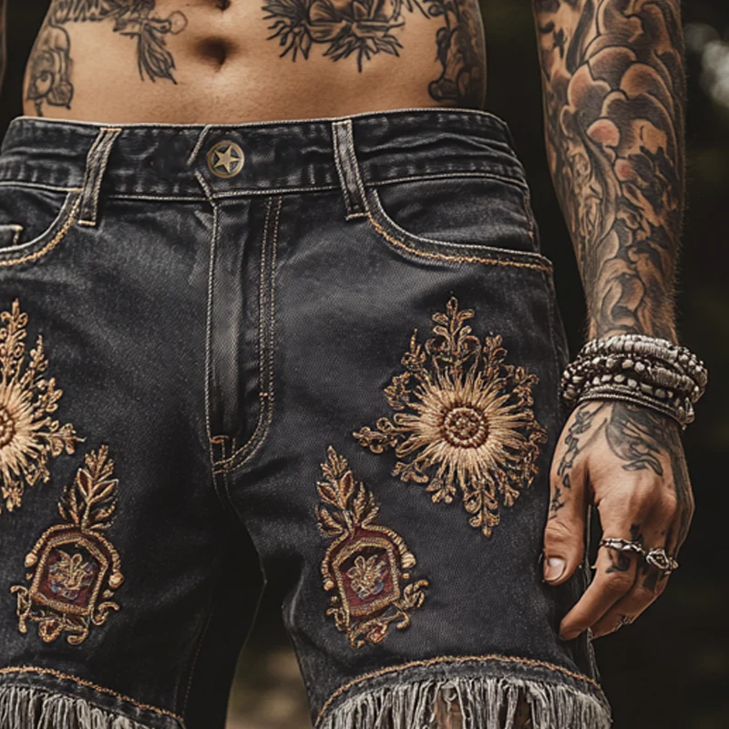 Nathan | Men'S Vintage Embroidered Tassel Denim Shorts - Image 3