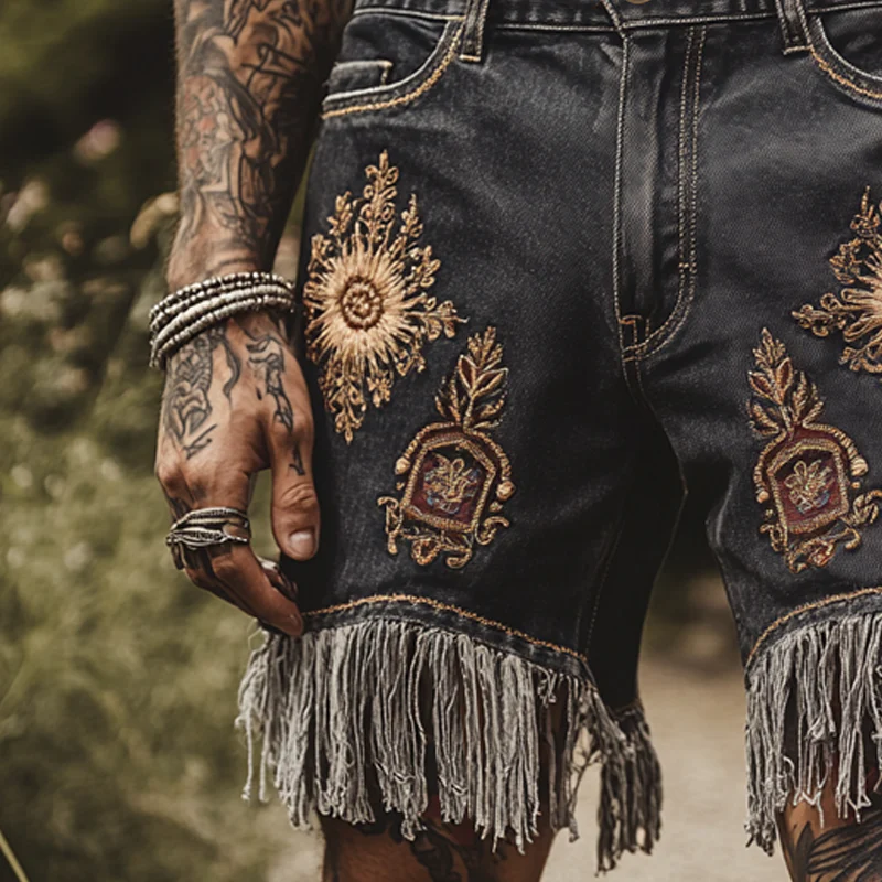 Nathan | Men'S Vintage Embroidered Tassel Denim Shorts - Image 4