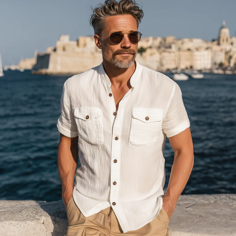 Nathaniel | Men'S Summer Basic Solid Color Pleated Textured Short-Sleeved Shirt - Image 5