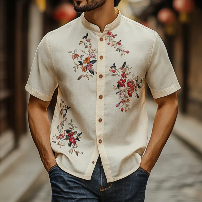 Nathaniel | Men'S Vintage Flower Embroidery Breathable Linen Stand Collar Slim Fit Short Sleeve Shirt - Image 2