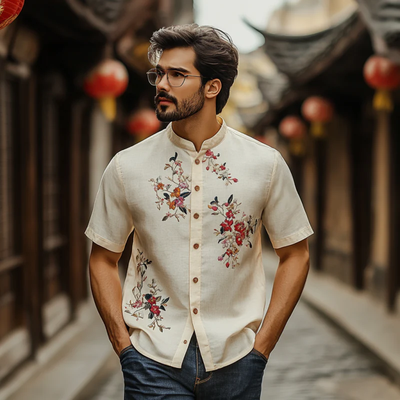 Nathaniel | Men'S Vintage Flower Embroidery Breathable Linen Stand Collar Slim Fit Short Sleeve Shirt - Image 3