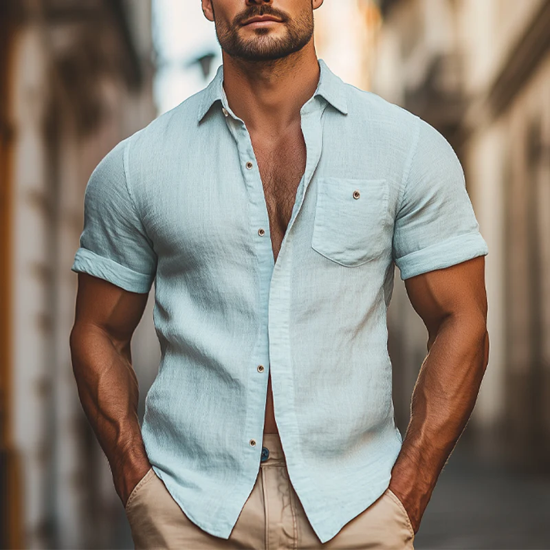 Neil | Men'S Summer Casual Solid Color Cotton And Linen Short-Sleeved Shirt - Image 2