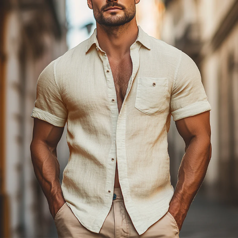 Neil | Men'S Summer Casual Solid Color Cotton And Linen Short-Sleeved Shirt - Image 3
