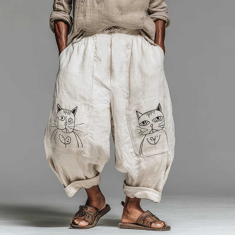Neil | Men'S Summer Fashion Cat Print Cotton And Linen Bloomers - Image 2