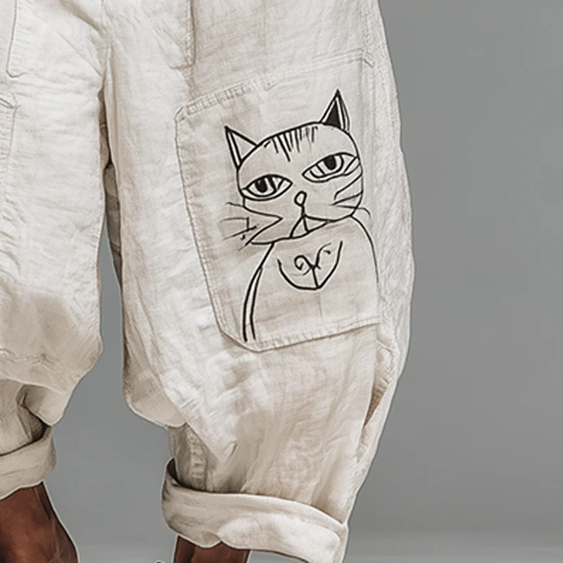 Neil | Men'S Summer Fashion Cat Print Cotton And Linen Bloomers - Image 4
