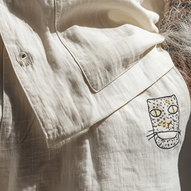 Nelson | Men'S Summer Fashion Cat Embroidery Slub Cotton Casual Shorts - Image 3