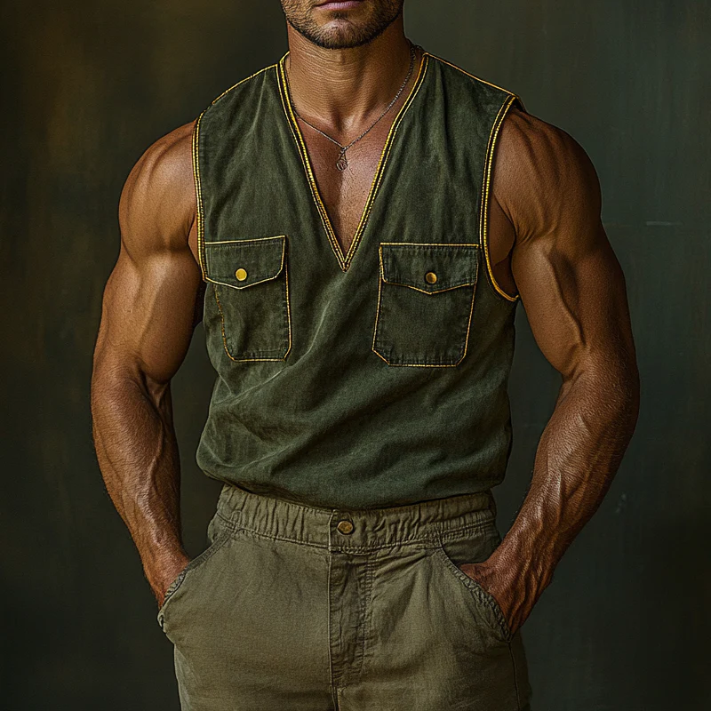 Nelson | Men'S Vintage Washed V-Neck Sleeveless Workwear Multi-Pocket Tank Tops - Image 2