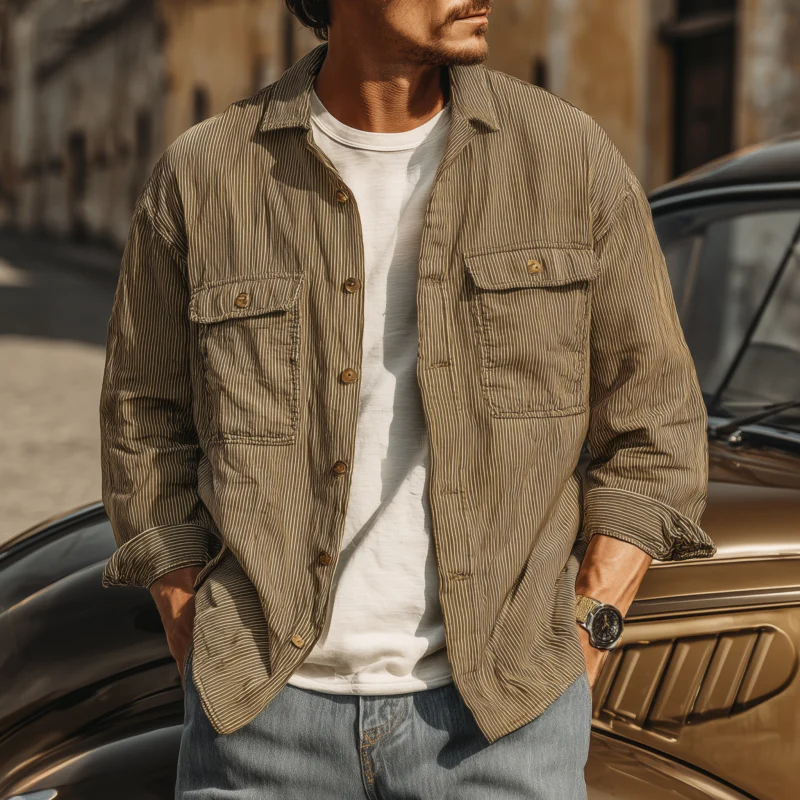 Nestor | Men'S Casual Breathable Cotton Striped Lapel Chest Pocket Loose Long Sleeve Shirt - Image 2