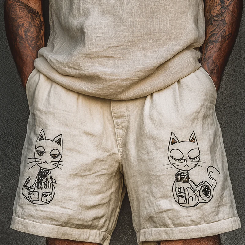 Nicholas | Men'S Summer Fashion Cat Print Linen Blend Casual Shorts - Image 2
