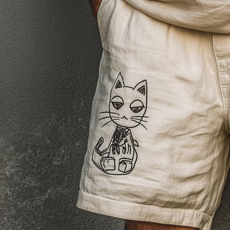 Nicholas | Men'S Summer Fashion Cat Print Linen Blend Casual Shorts - Image 3