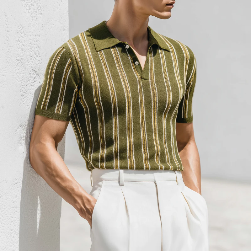 Nicolas | Men'S Casual Breathable Contrast Striped Lapel Slim Knitted Short-Sleeved Polo Shirt - Image 2