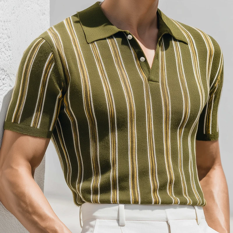 Nicolas | Men'S Casual Breathable Contrast Striped Lapel Slim Knitted Short-Sleeved Polo Shirt - Image 3