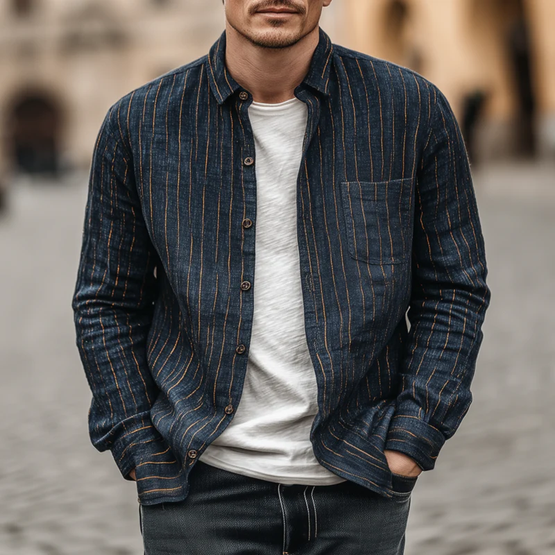 Noel | Men'S Casual Breathable Linen Striped Lapel Patch Pocket Slim Fit Long Sleeve Shirt - Image 2
