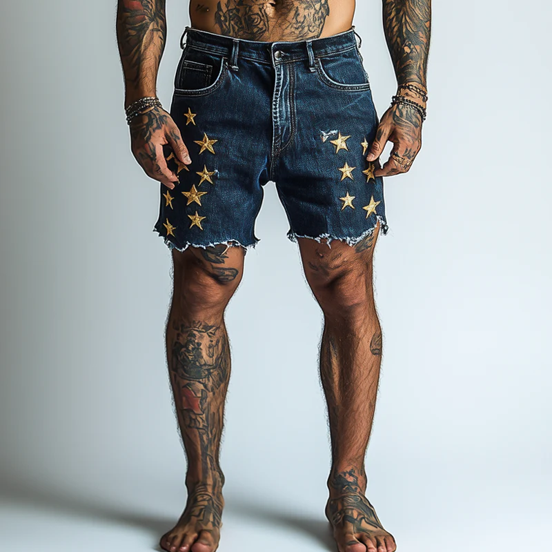 Noel | Men'S Star Embroidered Denim Shorts - Image 2