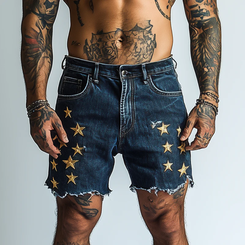 Noel | Men'S Star Embroidered Denim Shorts - Image 4