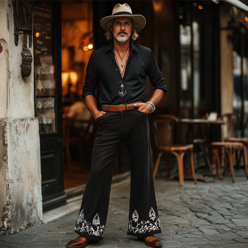 Norman | Men'S Western Cowboy Style Vintage Silver Embroidered Flared Pants - Image 3
