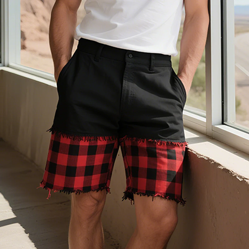 Octavio | Men'S Spring And Summer Casual American Western Style Cotton Blended Stitching Plaid Raw Edge Shorts - Image 2