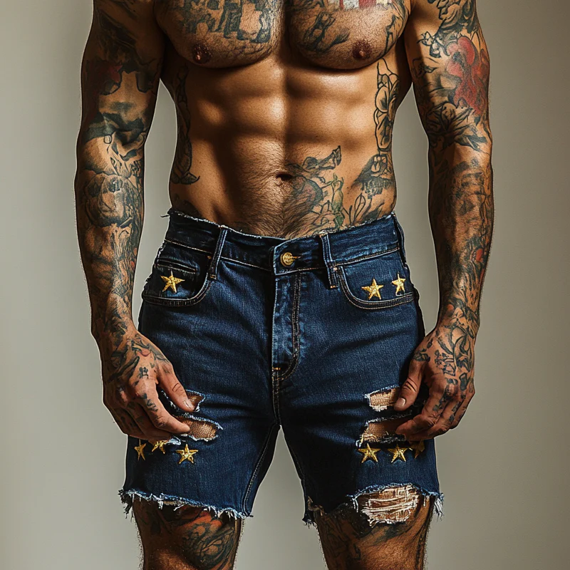 Olaf | Men'S Star Embroidered Ripped Denim Shorts - Image 3