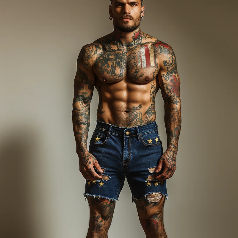 Olaf | Men'S Star Embroidered Ripped Denim Shorts - Image 4