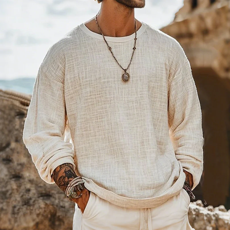 Oliver | Men'S Casual Breathable Cotton Linen Round Neck Loose Long-Sleeved T-Shirt - Image 2