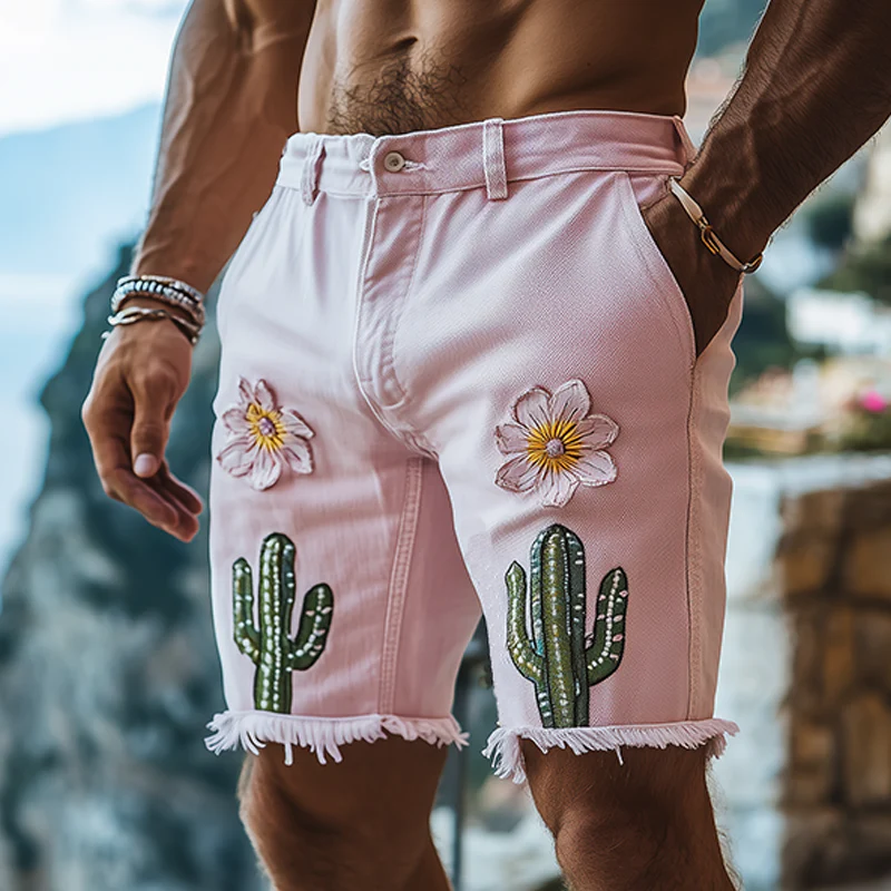 Oliver | Men'S Spring And Summer Fashion Casual Pink Washed Denim Three-Dimensional Flower Cactus Embroidered Shorts - Image 2