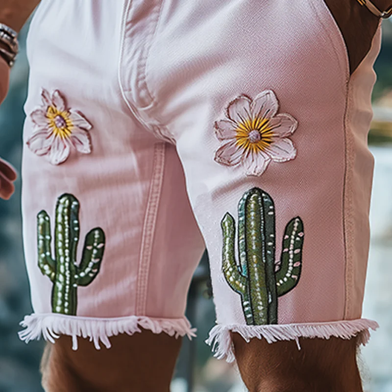 Oliver | Men'S Spring And Summer Fashion Casual Pink Washed Denim Three-Dimensional Flower Cactus Embroidered Shorts - Image 4