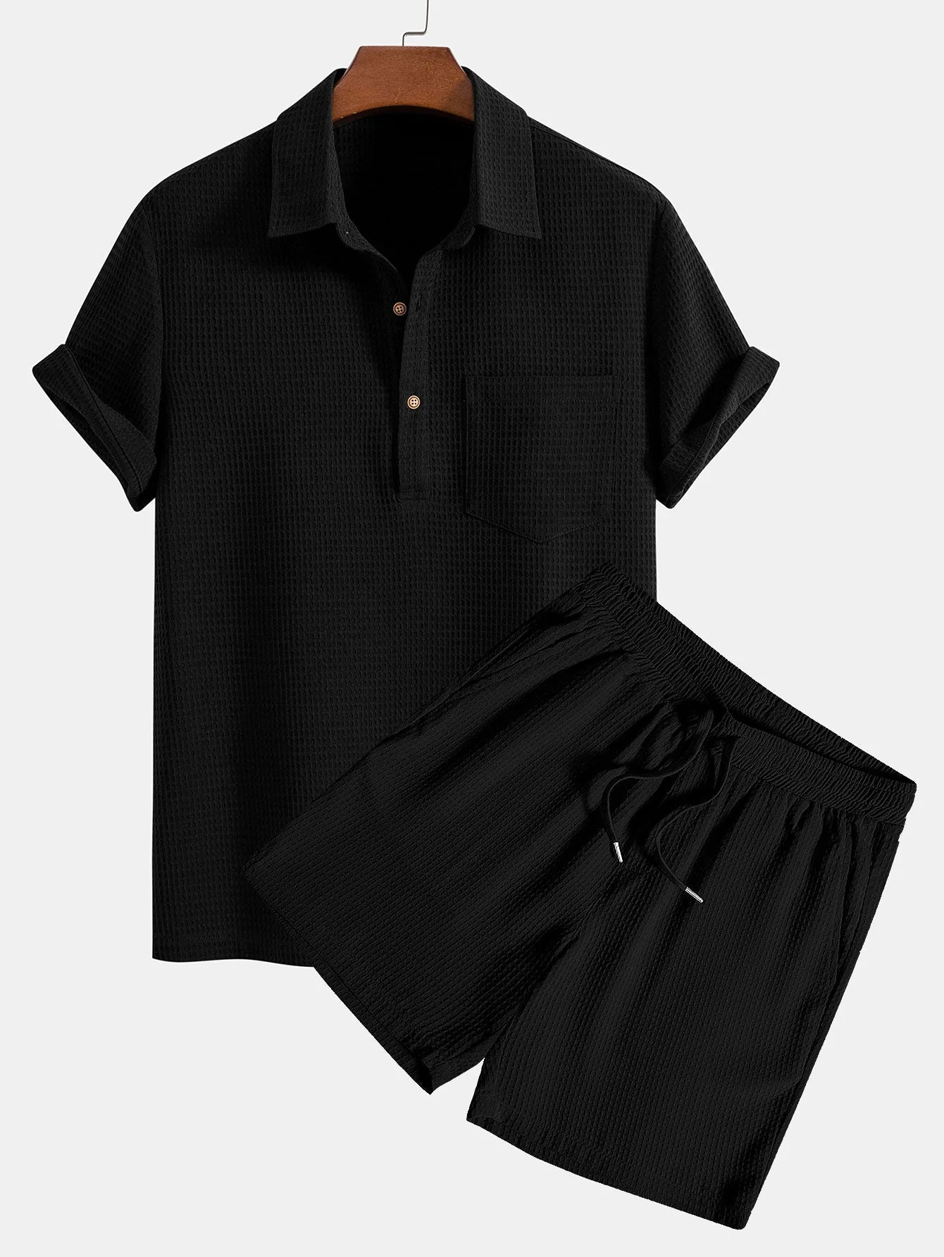 Orestes® | Waffle Polo Collar Shirt With Pocket & Waffle Shorts - Image 2