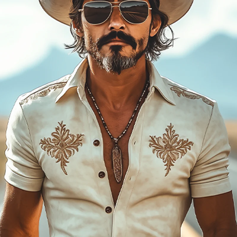 Orin | Men'S Spring And Summer New Fashion Retro Western Cowboy Style Suede Embroidery Slim Lapel Short-Sleeved Shirt - Image 5