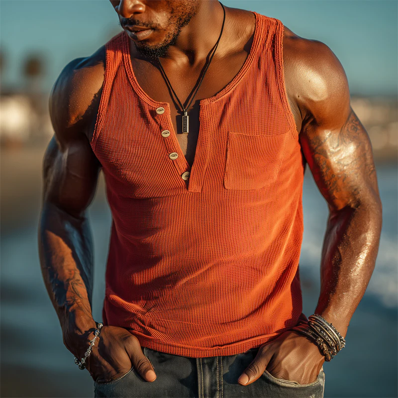 Orin | Men'S Summer Henley Neck Waffle Solid Tank Top - Image 2
